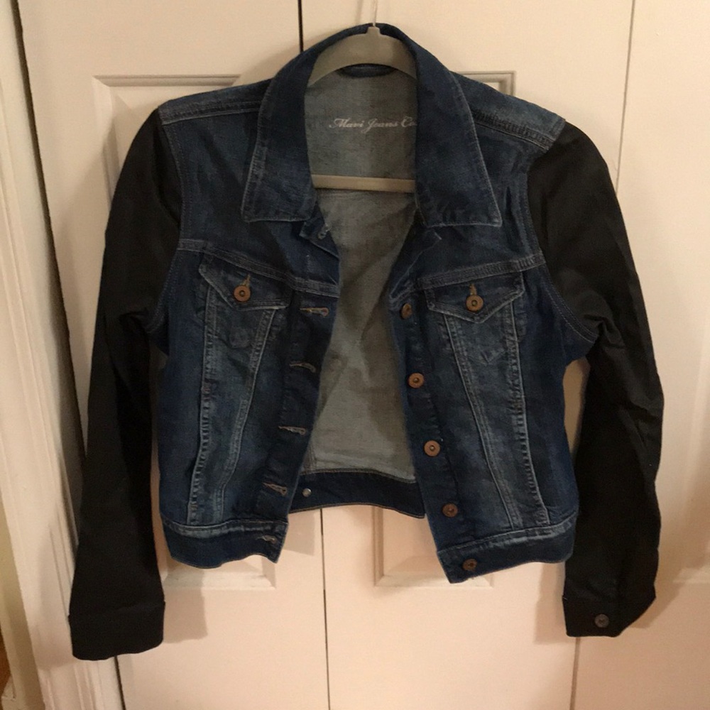 Jean jacket with faux leather sleeves